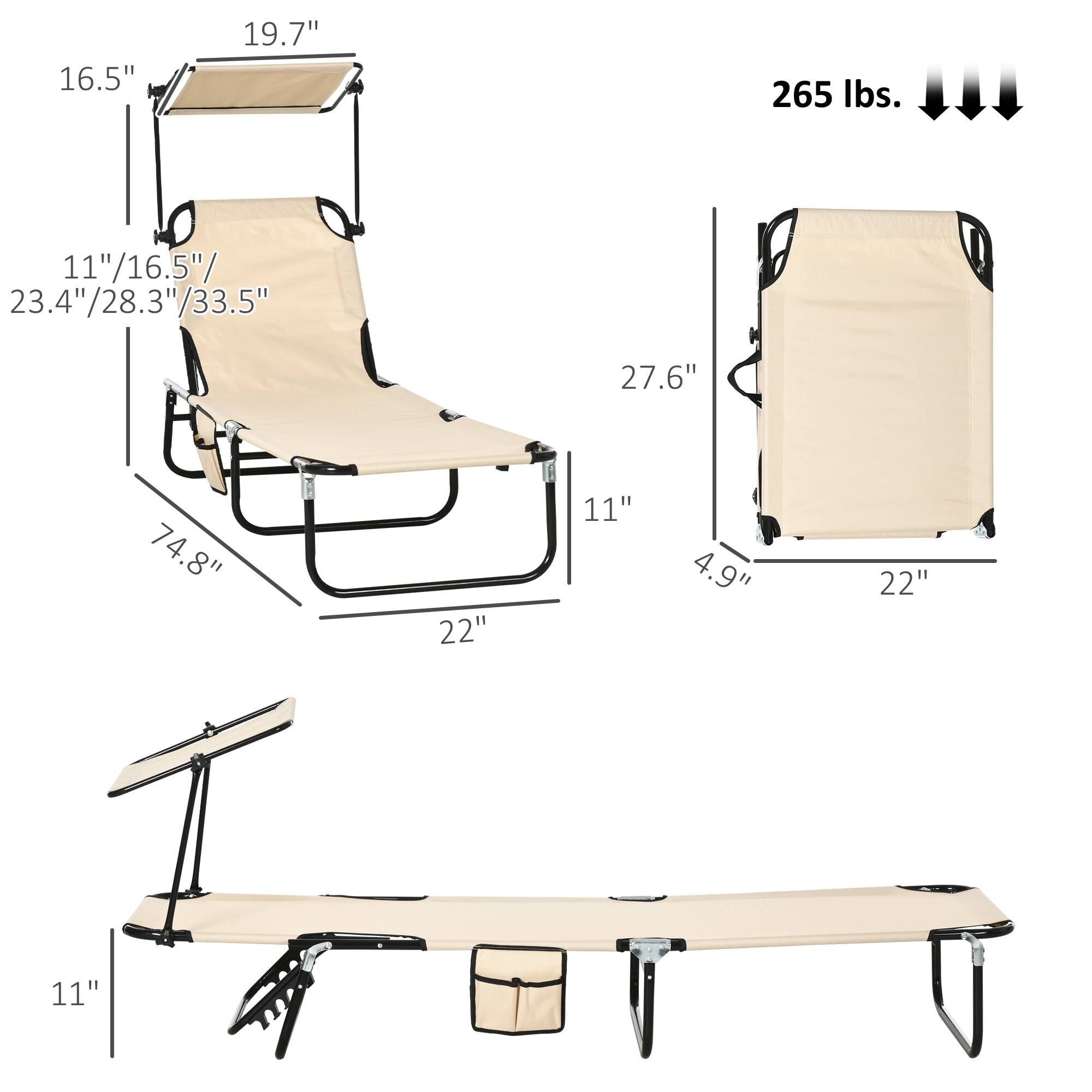16.5"  
19.7"  
265 lbs.  
11"/16.5"/23.4"/28.3"/33.5"  
27.6"  
74.8"  
22"  
11"  
4.9"  
22"  
11"