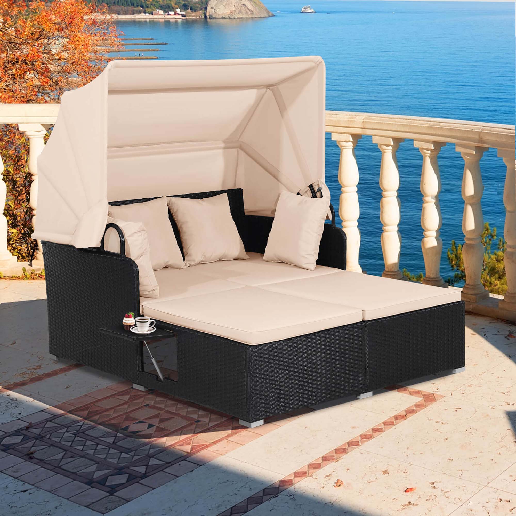 Alt View 1. Costway - Patio Rattan Daybed Lounge Retractable Top Canopy Side Tables Cushions - Black + Beige.
