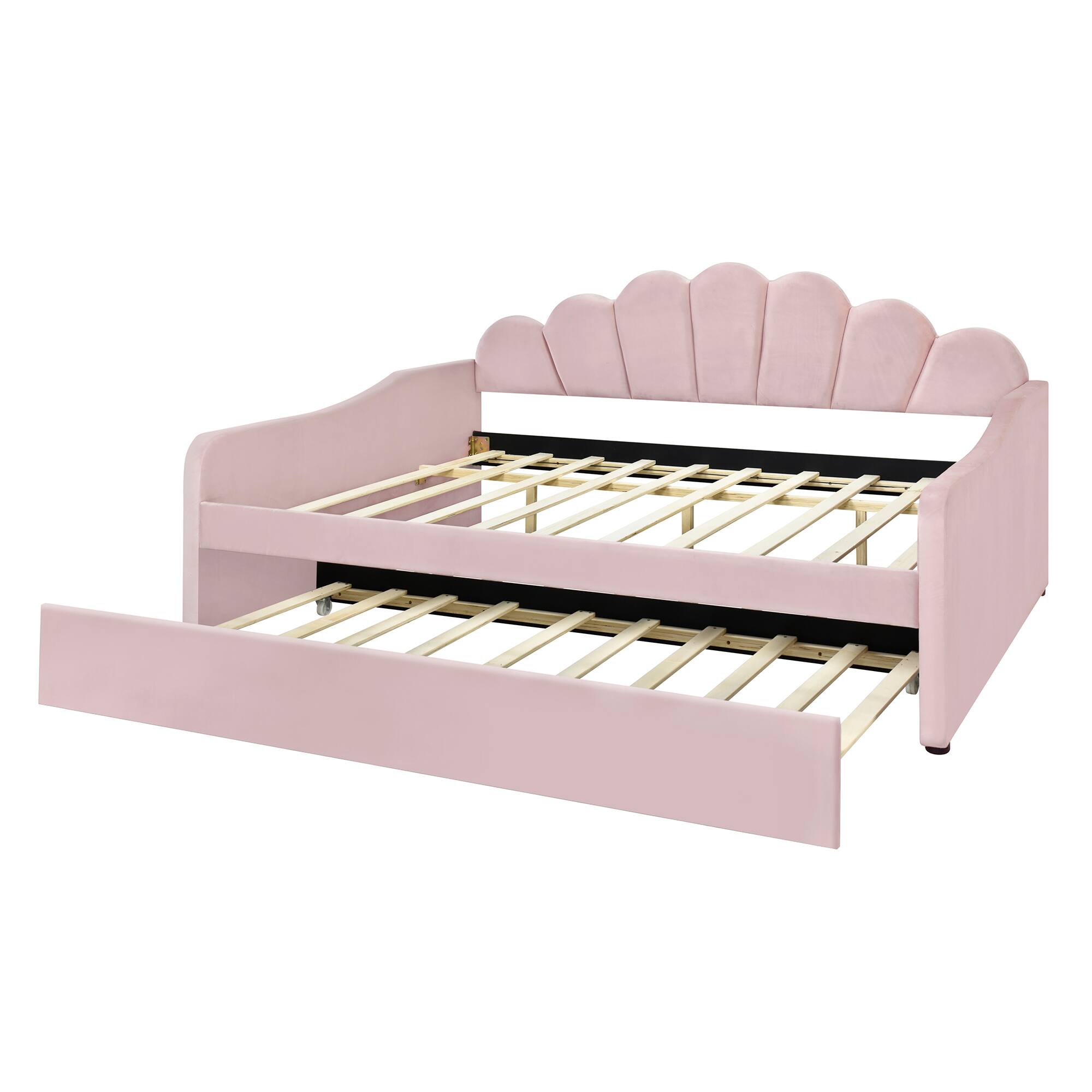 Alt View 1. Whisen - Full Size Upholstered Daybed Frame with Pull-out Trundle and Curved Backrest for Guest Bedroom - Pink.