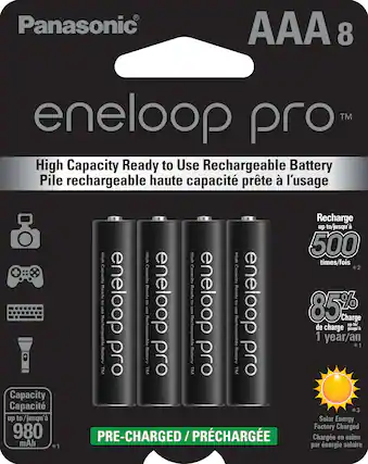 Panasonic AAA 8 eneloop TM pro High Capacity Ready to Use Rechargeable Battery Pile rechargeable haute capacite prte l'usage Recharge up to/jusqu' 500 High High times/fois *2 + Capacity Capacity Capacity Capacity Ready eneloop Ready eneloop Ready eneloop Ready eneloop Ready eneloop of of of of of use use use use use 85% Charge up to/ Rechargeable de charge jsqu' Rechargeable Rechargeable Rechargeable Rechargeable 1 year/an 1 Battery bLo Battery blo Battery pro Battery bLo TM TM TM TM Capacity Capacit *3 up to to/jusqu' Solar Energy Factory Charged 980 RE-CHARGED /PRCHARGE / Charge en usine mAh *1 par nergie solaire