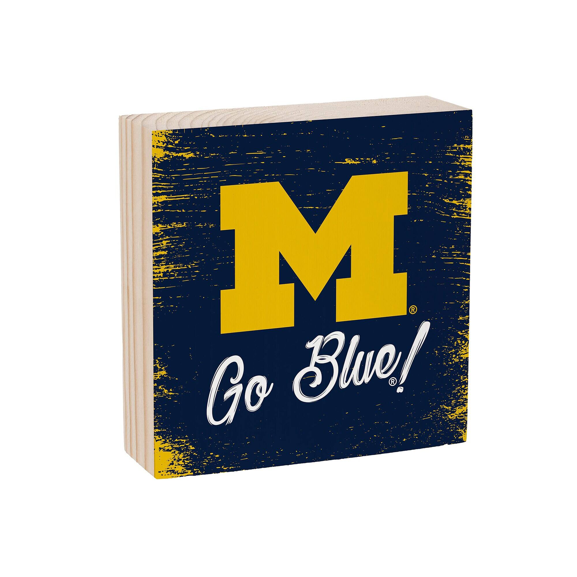 Alt View 1. Evergreen Enterprises - Michigan Wolverines 6" Square Fan Chant Wood Block Shelf Sign - Multicolor.