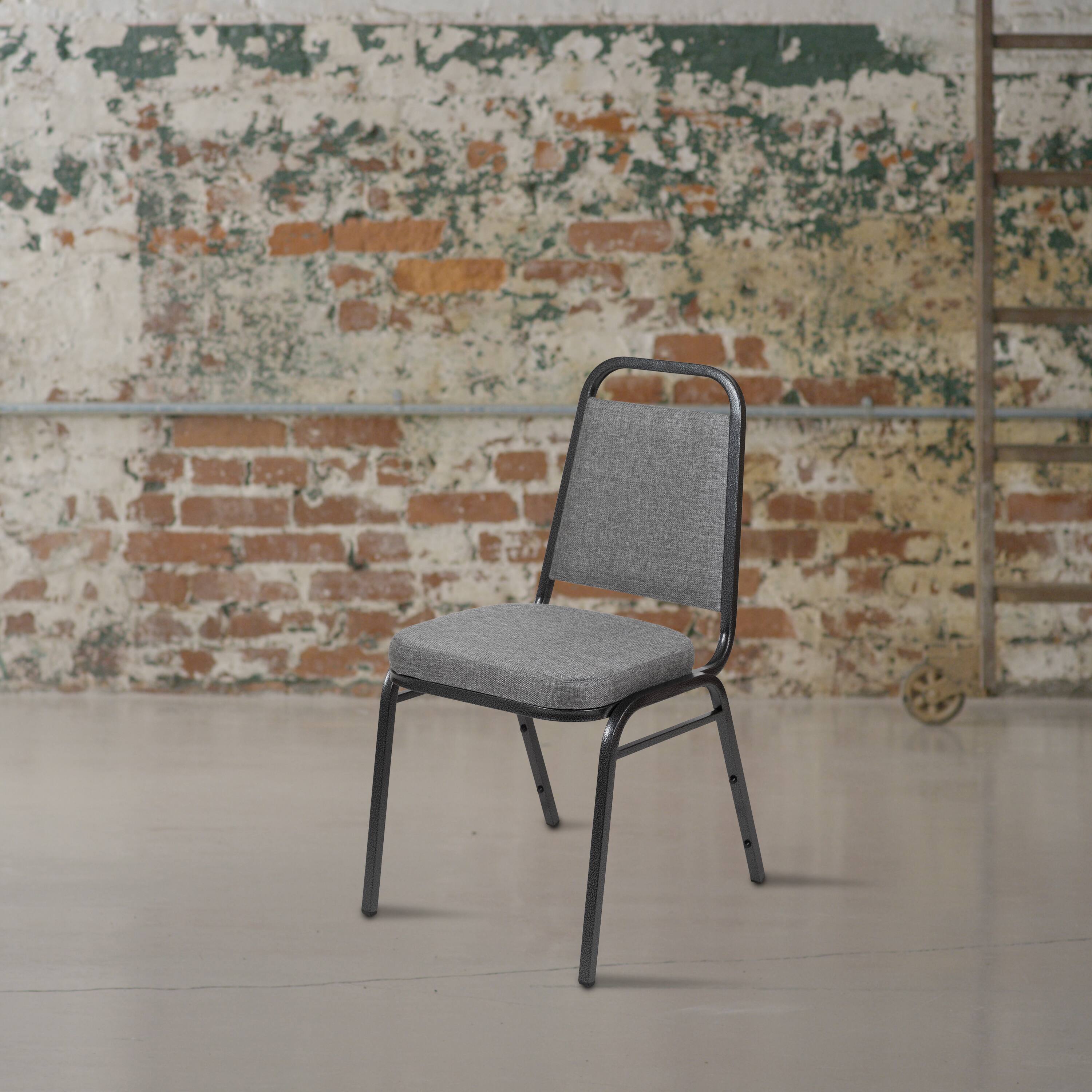 Alt View 1. Emma + Oliver - Trapezoidal Back Stacking Banquet Dining Chair - 2.5" Thick Seat - Gray Fabric/Silver Vein Frame.