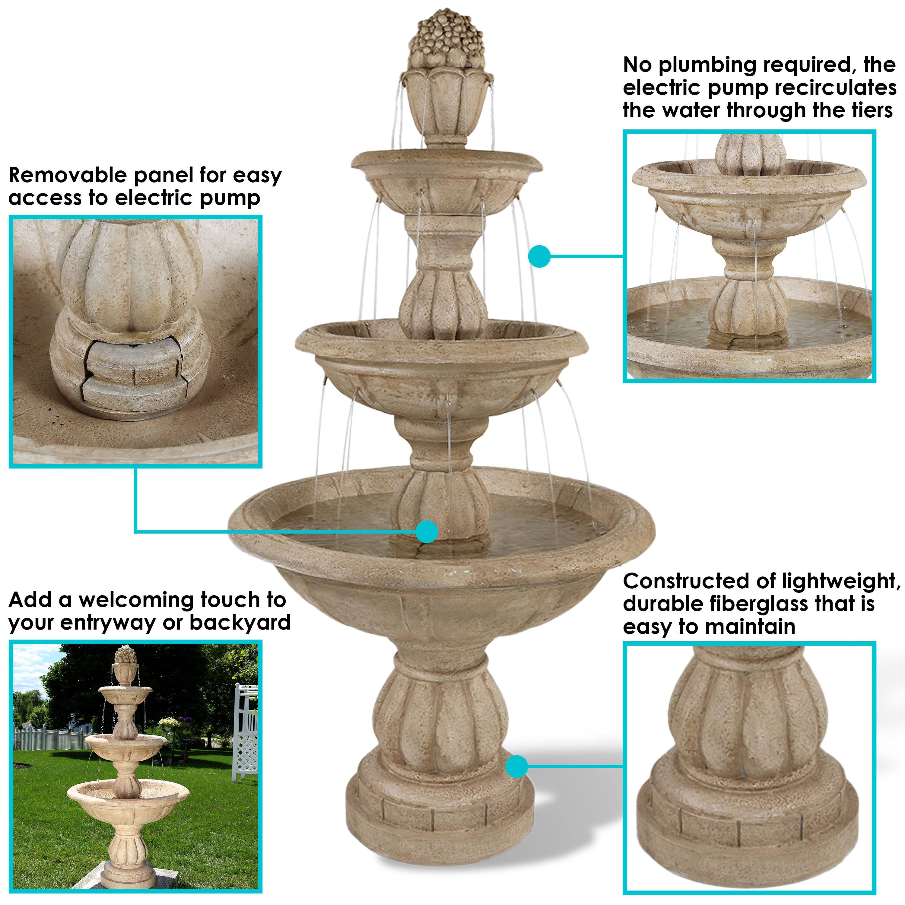 - No plumbing required, the electric pump recirculates the water through the tiers
- Removable panel for easy access to electric pump
- Add a welcoming touch to your entryway or backyard
- Constructed of lightweight, durable fiberglass that is easy to maintain