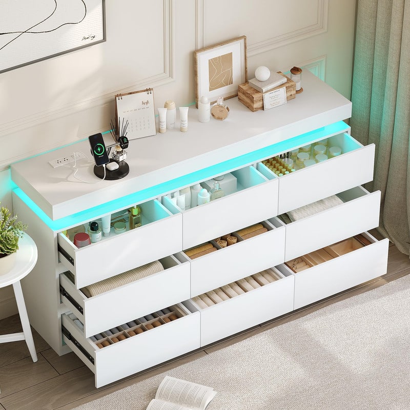 Dyonery - 9-Drawer Dresser with LED Lights and Charging Station, Modern Wide Chest of Drawers, Large Storage Cabinet - White