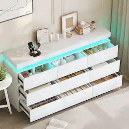 Dyonery - 9-Drawer Dresser with LED Lights and Charging Station, Modern Wide Chest of Drawers, Large Storage Cabinet - White