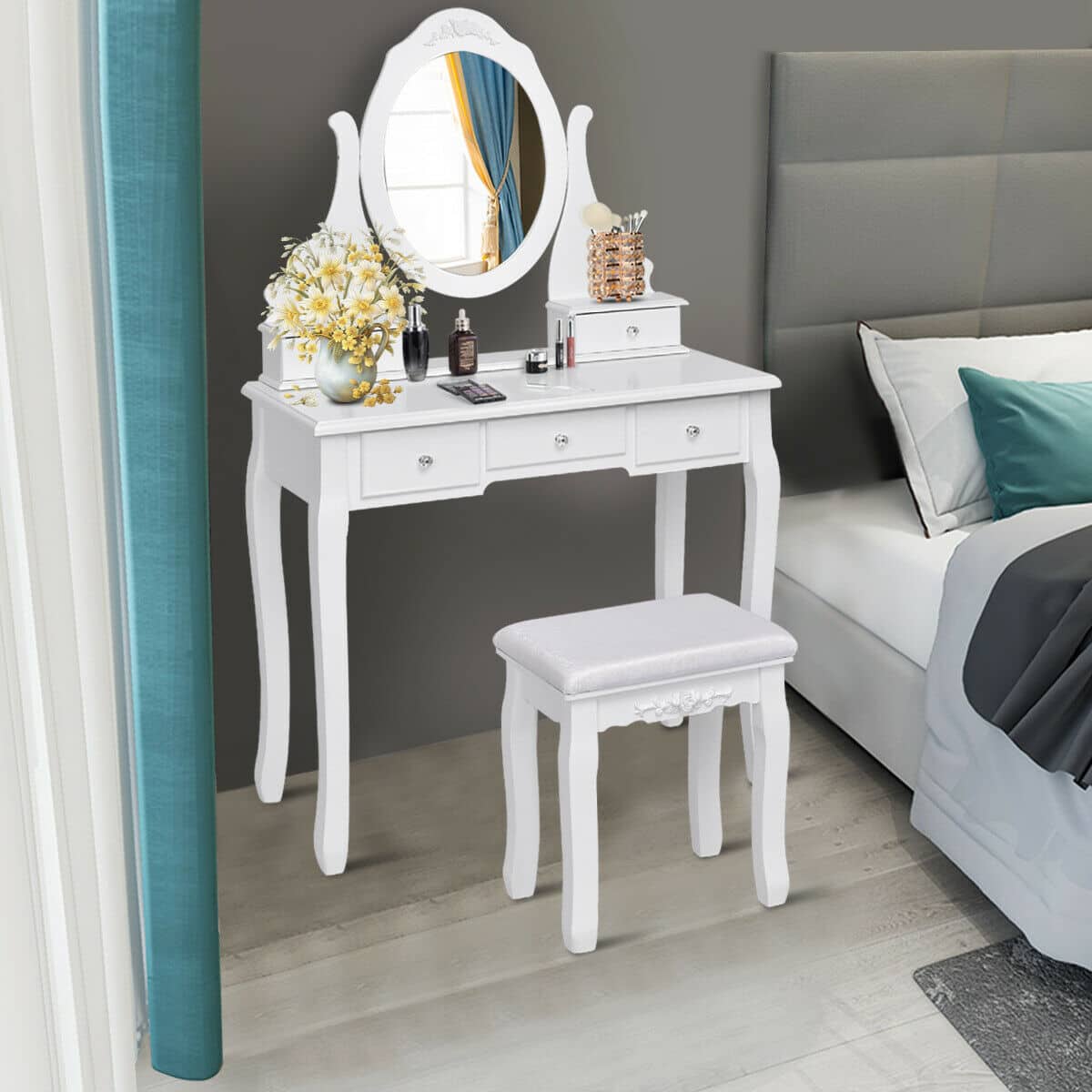Gymax - Bedroom Wooden Mirrored Makeup Vanity Set Stool Table Set 5 Drawers - White price history on PriceWatchPro