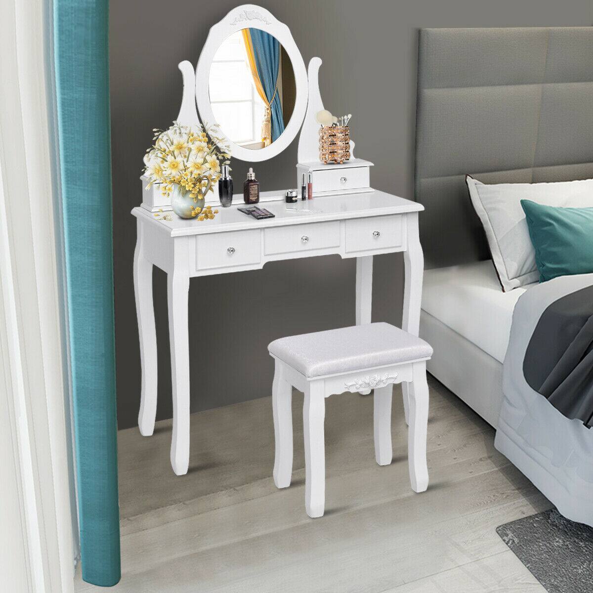 Alt View 1. Costway - Costway Bedroom Wooden Mirrored Makeup Vanity Set Stool Table Set 5 Drawers - white.