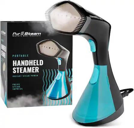 Pur Steam World's Best Steamer PORTABLE HANDHELD STEAMER INSTANT STEAM POWER PRESS. STEAM. IMPRESS.