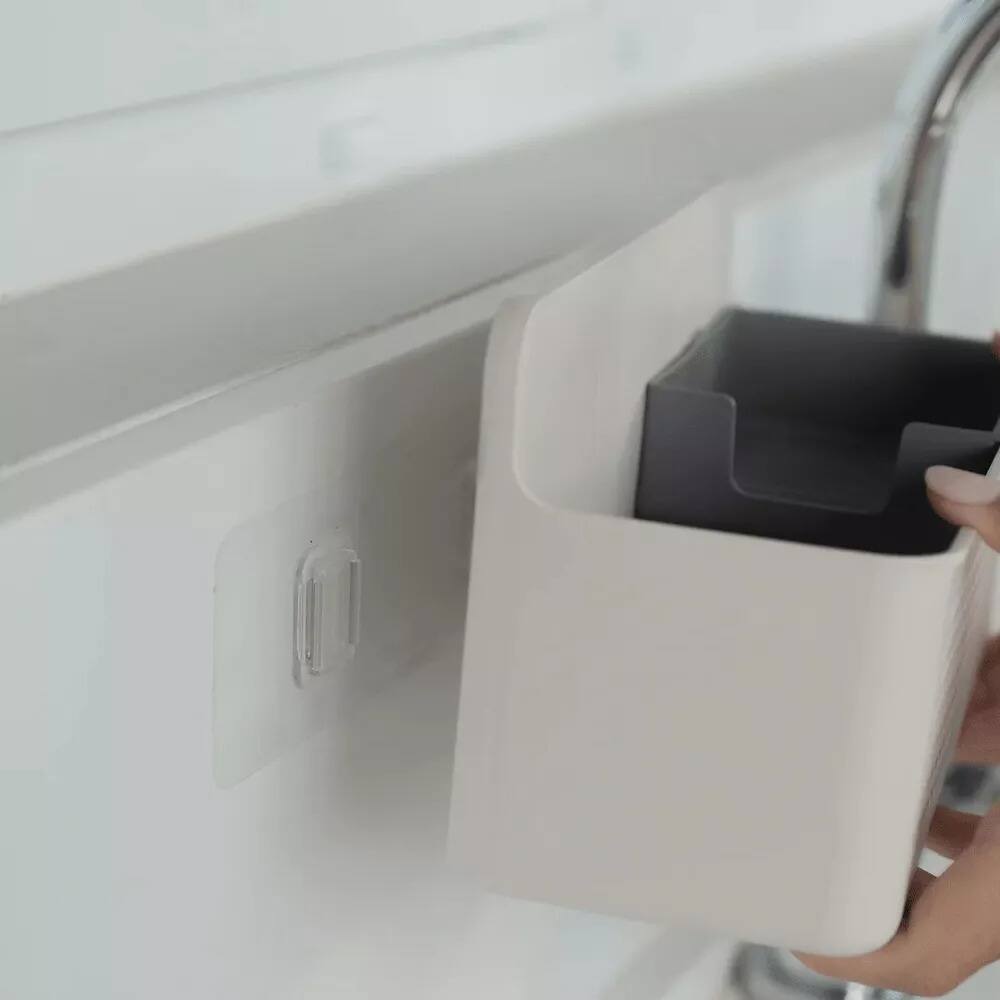 Alt View 1. OU - Hanging Sink Organizer, Self‑Adhesive Caddy with Removable Sponge Tray for Kitchen Storage - Beige.