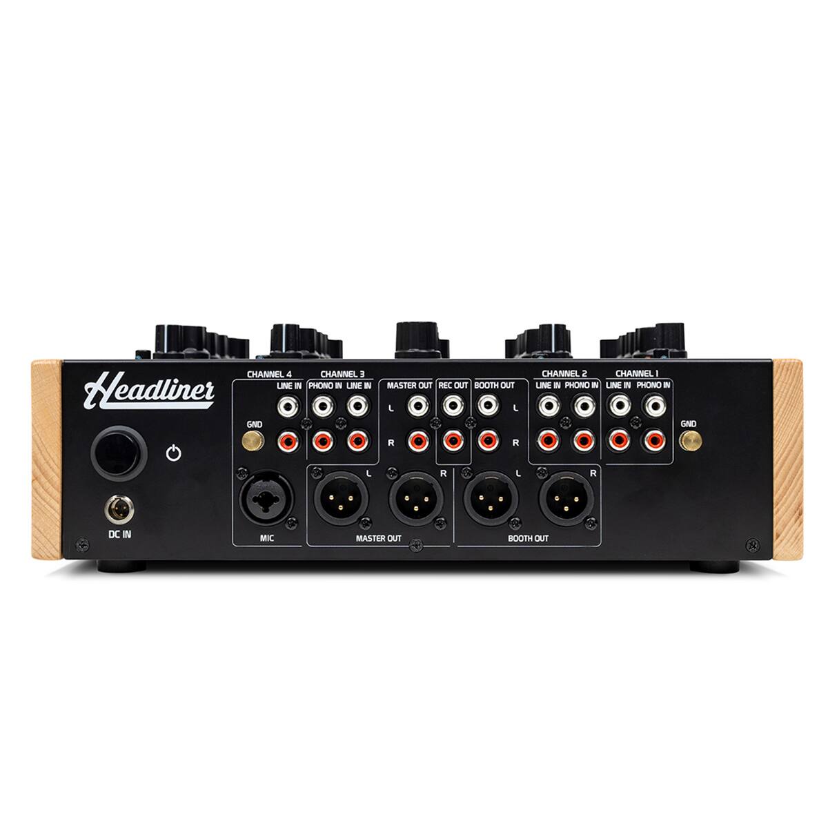 CHANNEL 4  
CHANNEL 3  
LINE IN PHONO IN  
LINE IN PHONO IN  
MASTER OUT REC OUT BOOTH OUT  
CHANNEL 2  
CHANNEL 1  
LINE IN PHONO IN  
LINE IN PHONO IN  
GND  
R  
L  
R  
L  
R  
DC IN  
MIC  
MASTER OUT  
BOOTH OUT