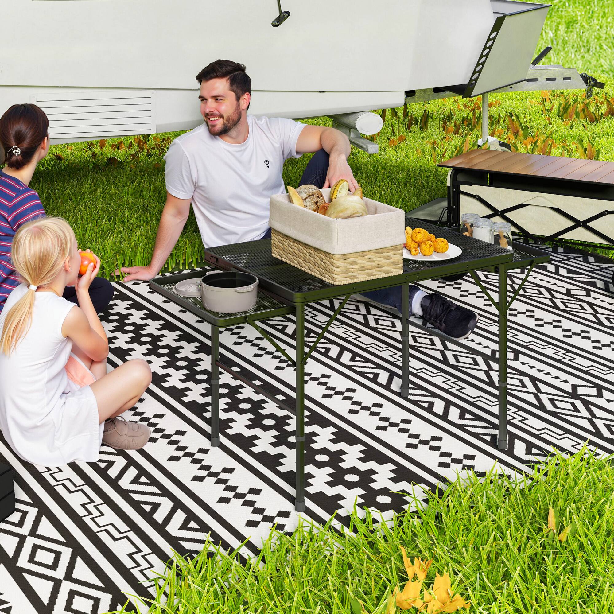 Alt View 1. Outsunny - Folding Grill Table, 4.5 ft Portable Camping Table with 2 Wing Panels, Height Adjustable Metal Outdoor Table - Black.