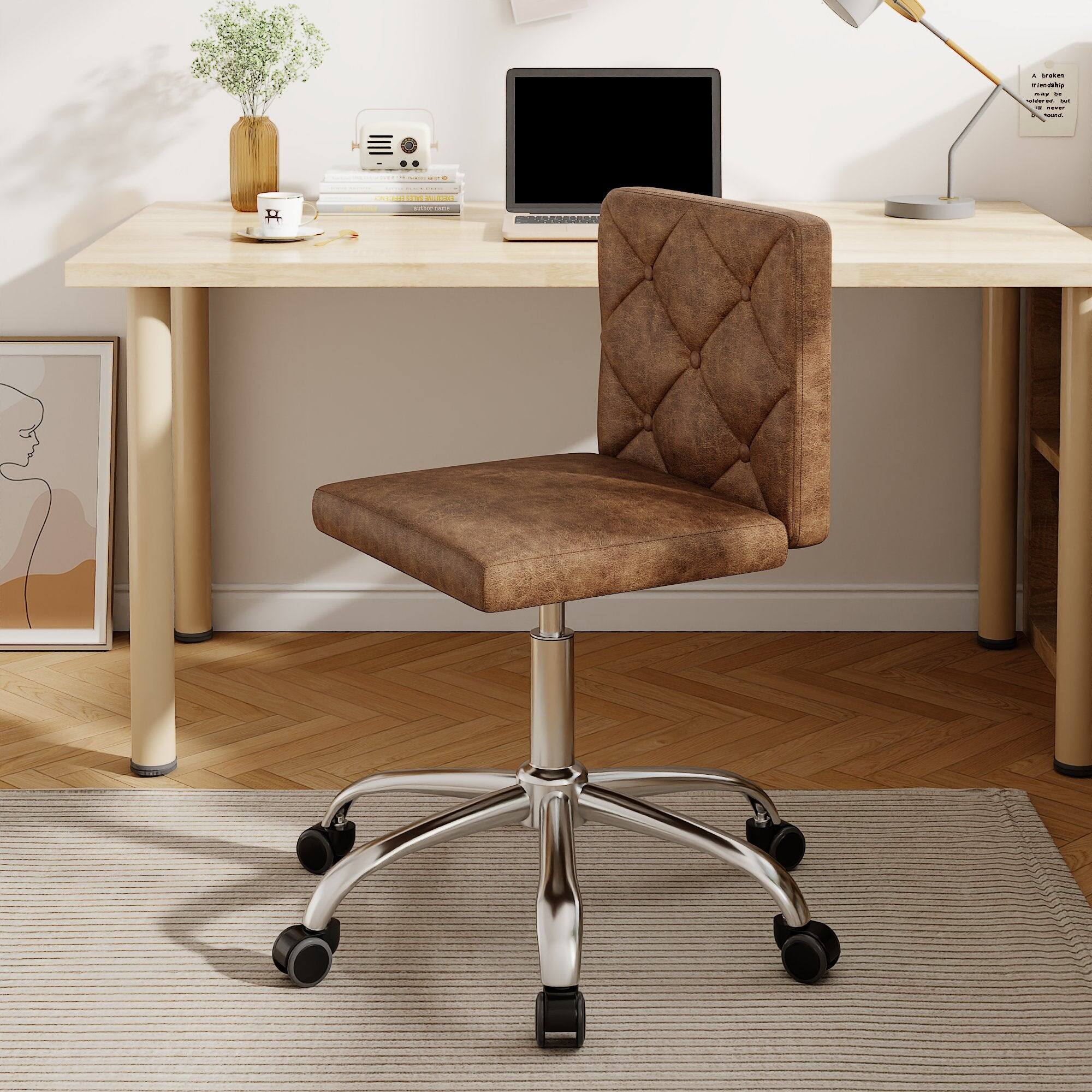 Left. Vecelo - Brown PU Leather Armless Office Chair - 28-32 Inch Adjustable Height Task Chair, Ergonomic Computer Chair with Wheels - Dark Brown.