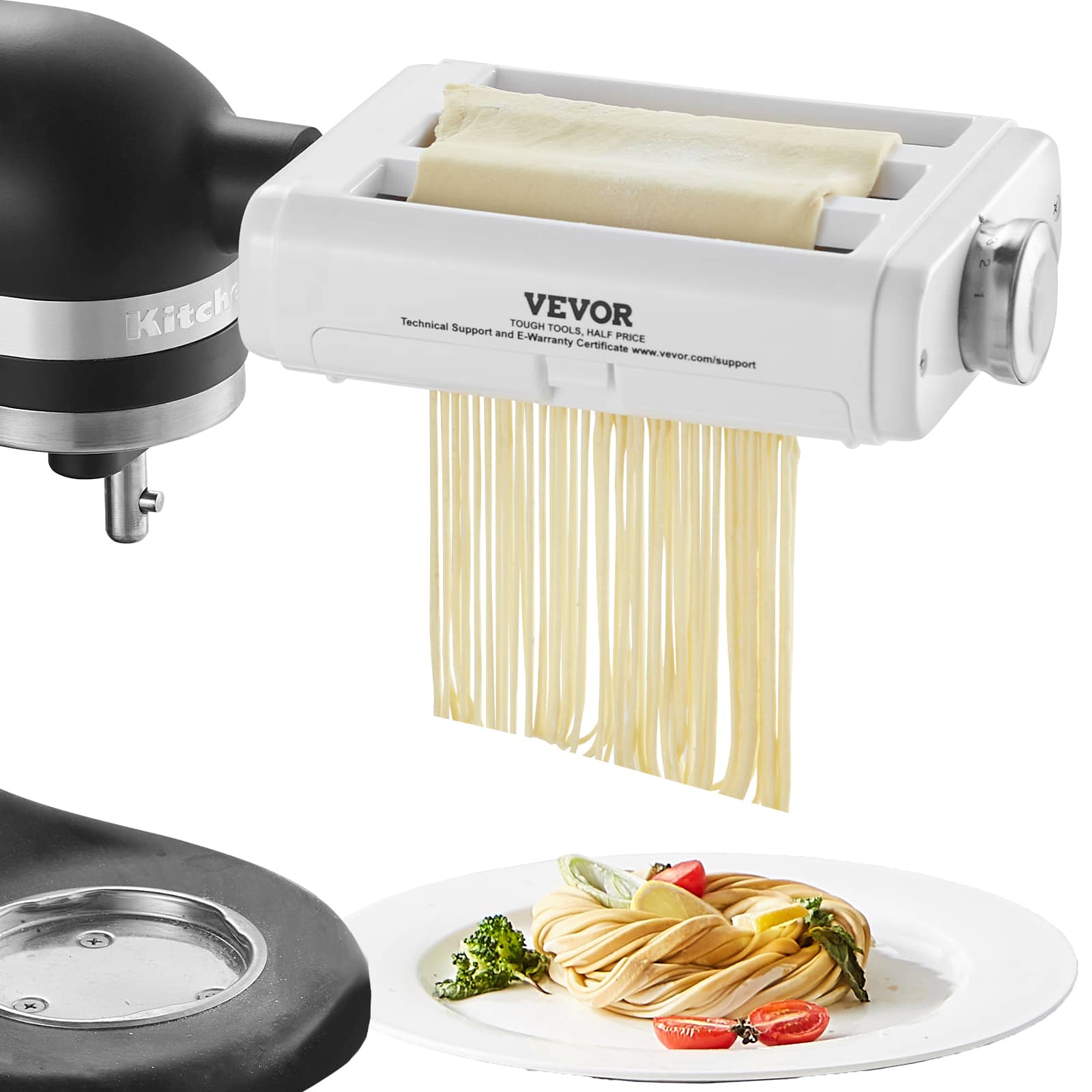 VEVOR - Pasta Attachment for KitchenAid Stand Mixer, 3-IN-1 Stainless Steel Pasta Roller Cutter Set,8 Adjustable Thickness Knob - Black,Silver
