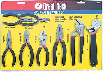 Great Neck
8Pc. Pliers and Wrench Set
- Heat Treated
- Drop Forged Steel
- Fully Polished Head
- Vinyl Handles
- Milled Jaws
- Flat Nose Pliers
- Round Nose Pliers
- Needle Nose Pliers
- Slip Joint Pliers
- Locking Pliers
- Wrench