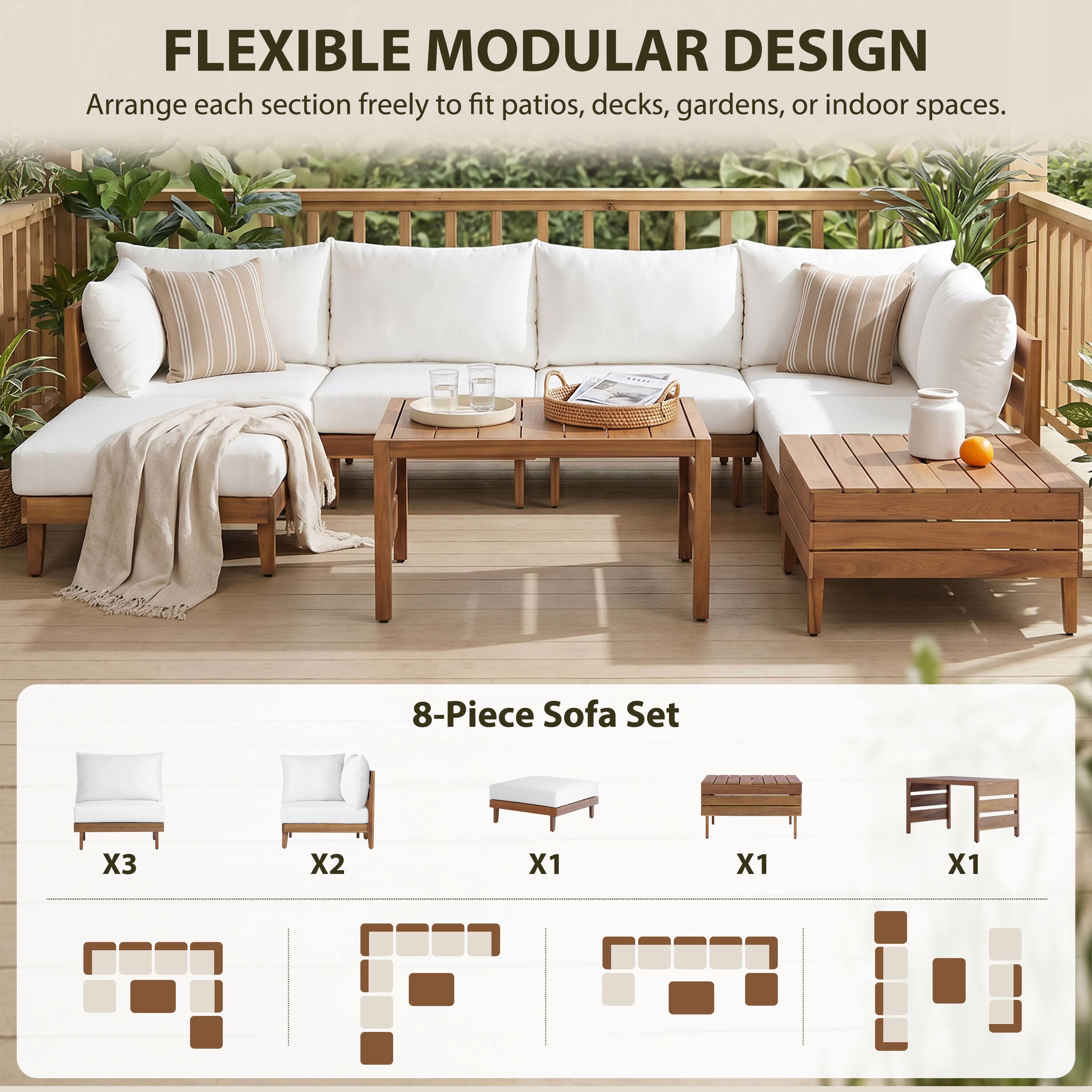 FLEXIBLE MODULAR DESIGN  
Arrange each section freely to fit patios, decks, gardens, or indoor spaces.  

8-Piece Sofa Set  
X3 X2 X1 X1 X1
