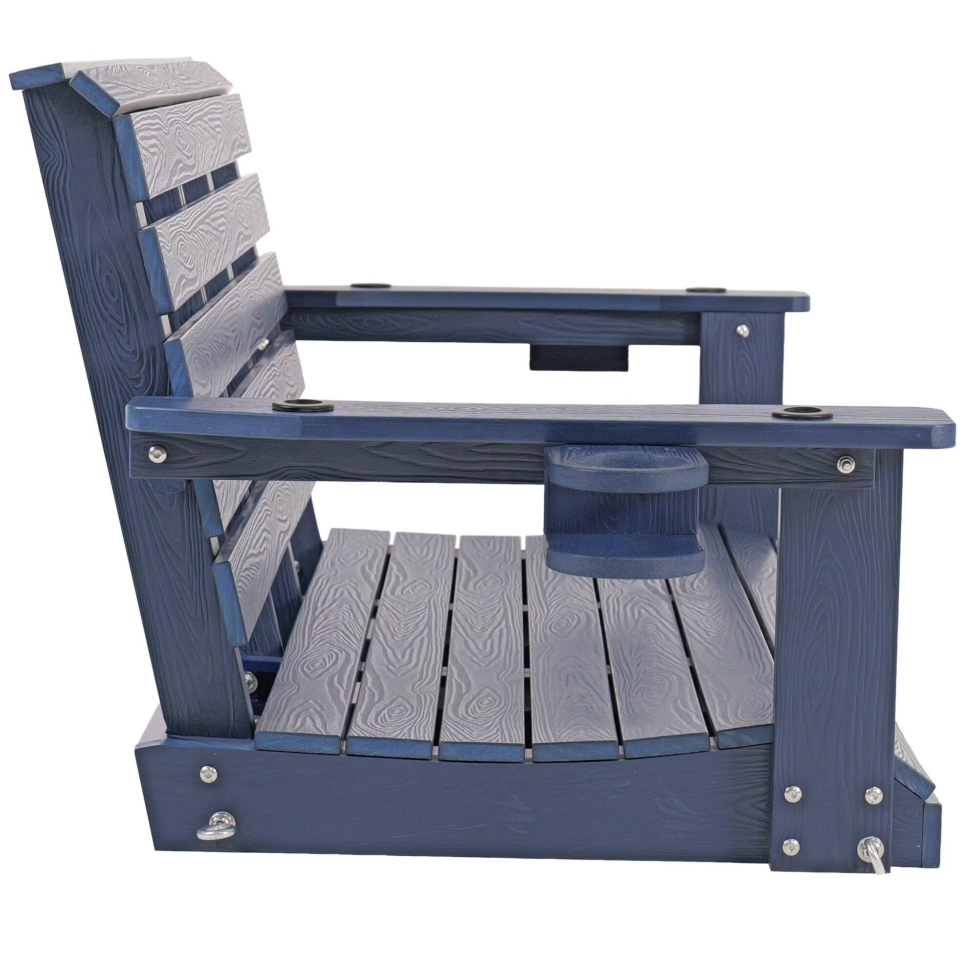 Left. Fortune Candy - 4ft Poly Lumber Outdoor Porch Swing, HIPS Weather Resistant Patio Swing Chair with Foldable Cup Holders (2-Seater) - Navy Blue.