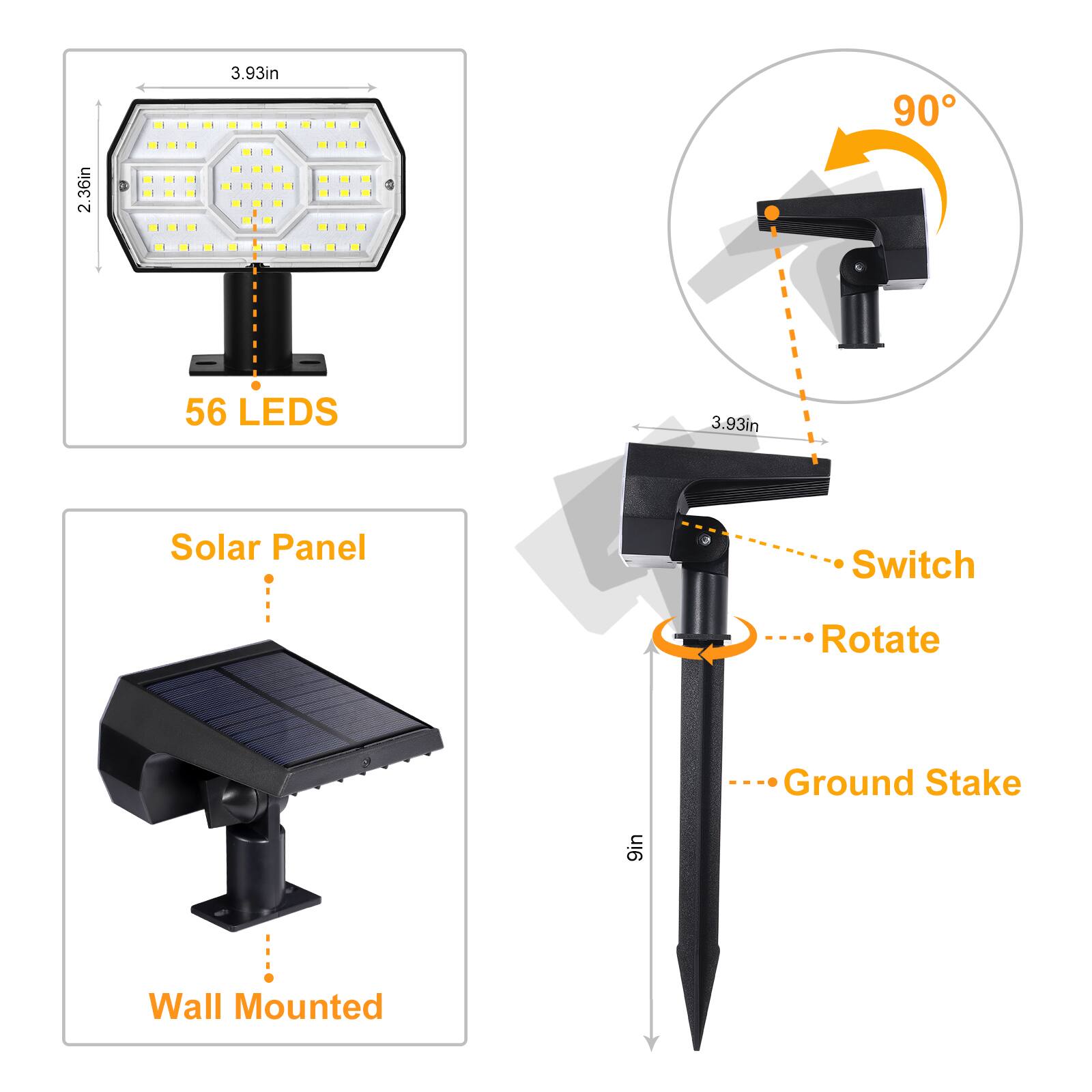 2.36in x 3.93in, 90°, 56 LEDs, 3.93in Solar Panel, Switch, Rotate, Ground Stake, 9in Wall Mounted