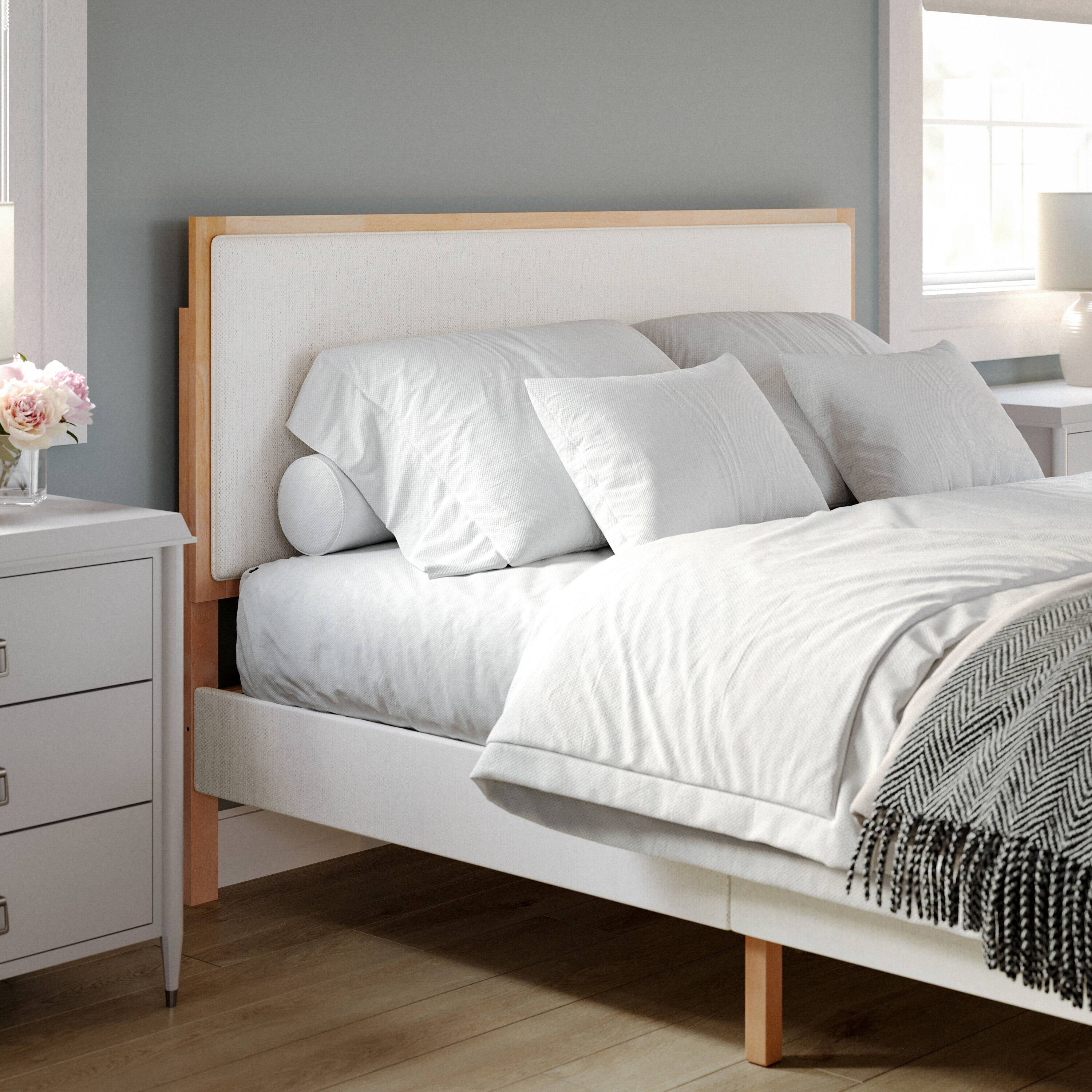 Alt View 4. Martha Stewart - Flynn Solid Wood Platform Bed with Upholstered Base and Inset Headboard, Wood Slat Bottom, No Box Spring Needed - Snow Fabric/Light Beech Frame.