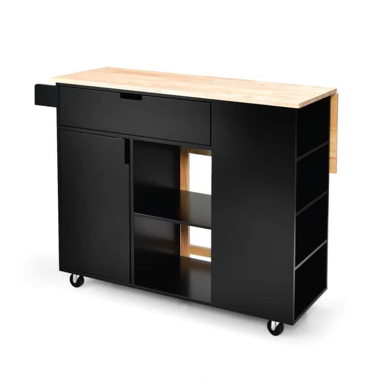 SlickBlue - Drop-Leaf Kitchen Island with Rubber Wood Top and Storage Shelves - Black