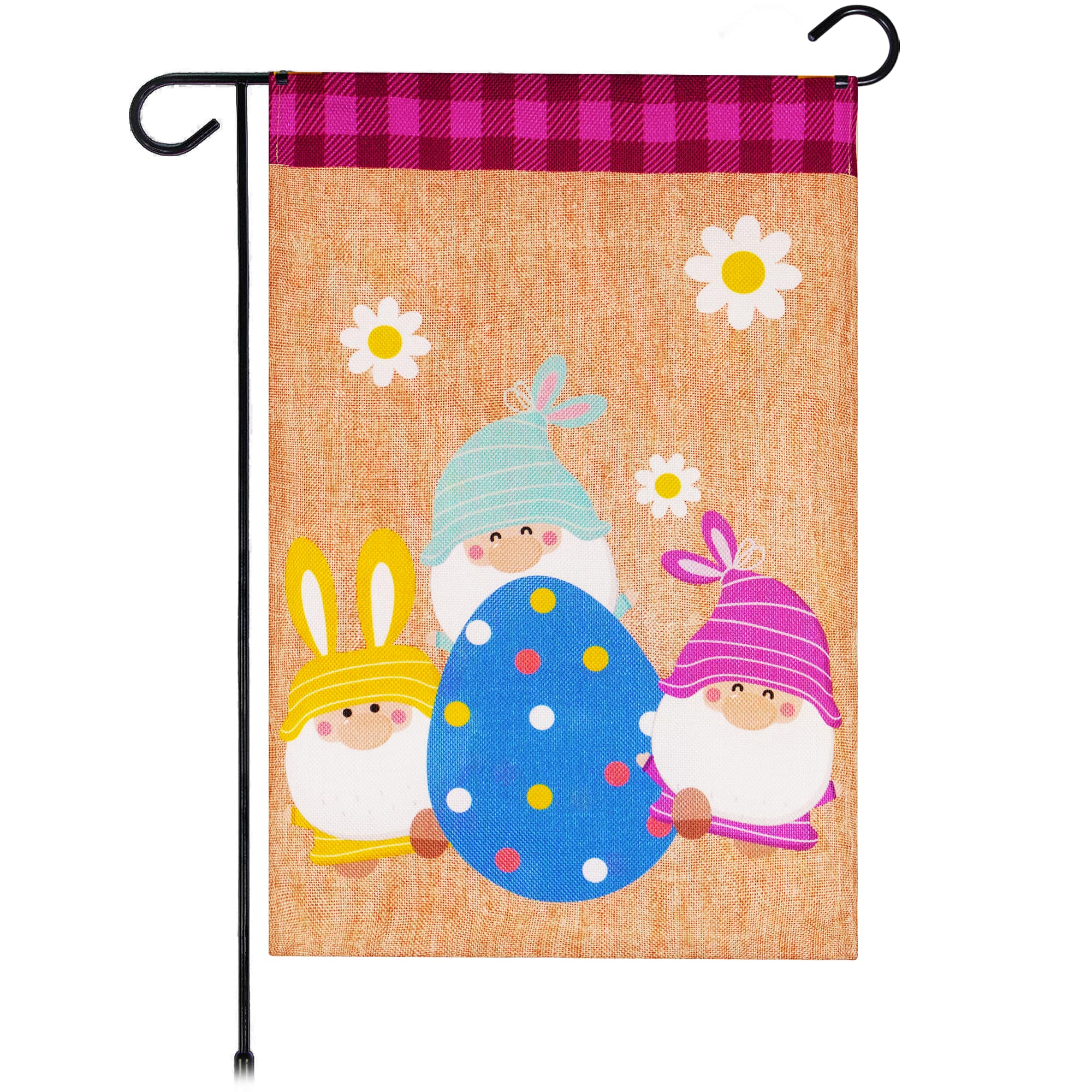 G128 - Garden Flag Three Gnomes with Large Easter Egg 12 x 18 in Burlap Fabric - Assorted Colors
