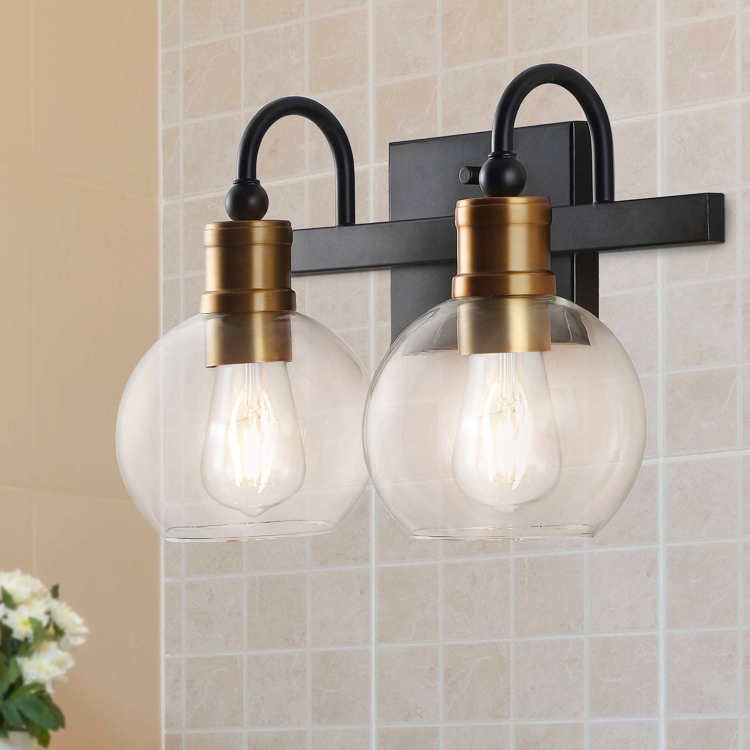 Alt View 1. Jonathan Y - Marais 14.5" 2-Light Iron/Glass Rustic Vintage LED Vanity Light, Black/Brass Gold - Black/Brass Gold.