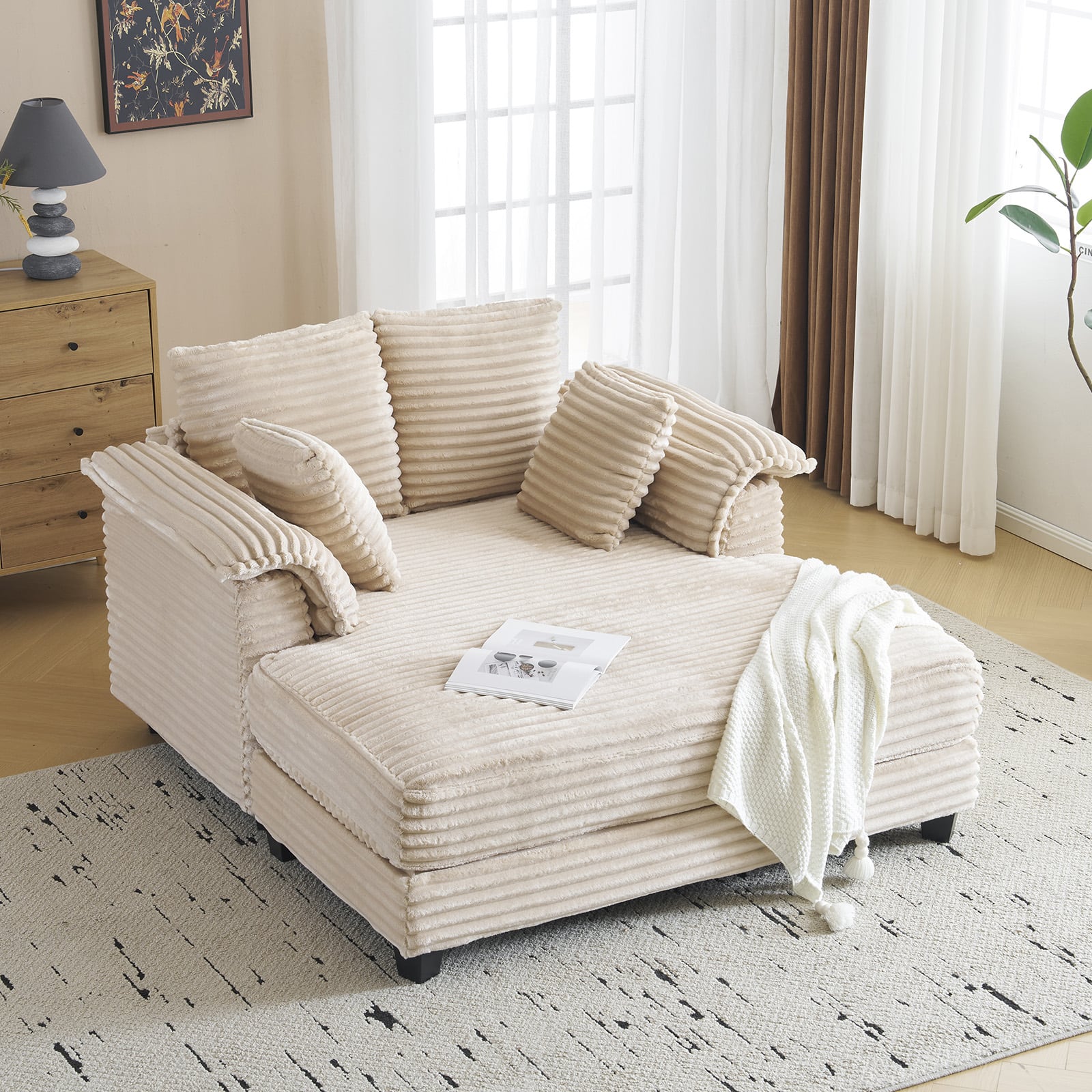 Winado - 55.9"W × 59.4"D × 33.9"H Oversized Corduroy Chaise Sofa Recliner Bed Chaise Lounge Chair Upholstered Comfy Sleeper Couch - Khaki