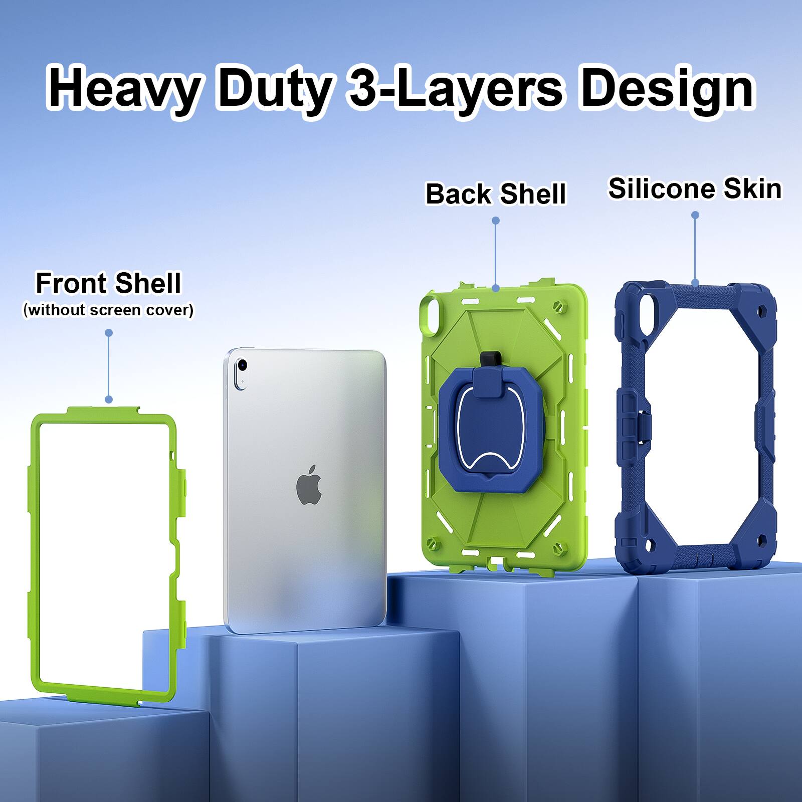 Heavy Duty 3-Layers Design  
Back Shell  
Silicone Skin  
Front Shell (without screen cover)