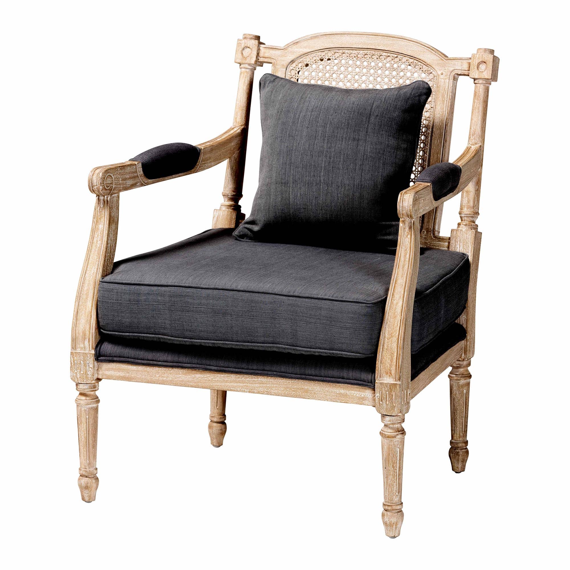 bali & pari - Clemence French Provincial Fabric Whitewashed Mahogany Wood Armchair - Grey/Whitewashed Brown