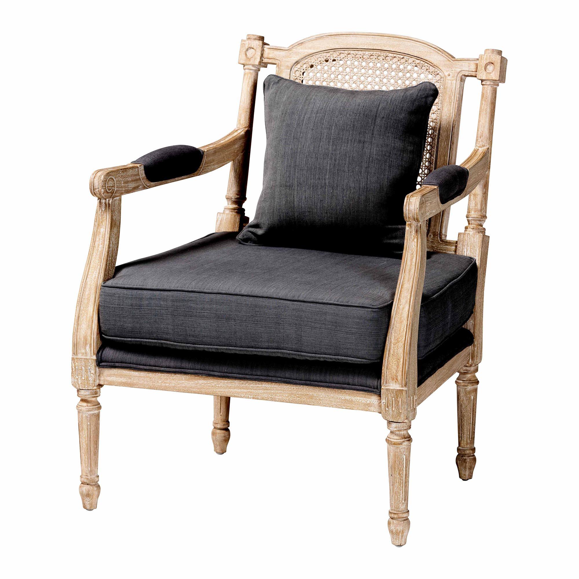 bali & pari - Clemence French Provincial Fabric Whitewashed Mahogany Wood Armchair - Grey/Whitewashed Brown