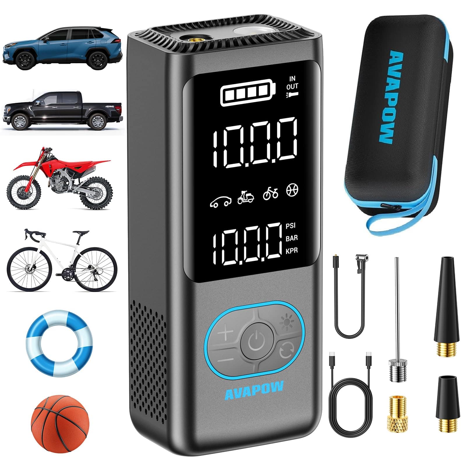 AVAPOW - Tire Inflator Portable Air Compressor, 150 PSI Cordless Car/Motorcycle/Bike Pump with Gauge, 3.7″ LCD, Auto-Off
