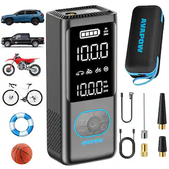 AVAPOW - Tire Inflator Portable Air Compressor, 150 PSI Cordless Car/Motorcycle/Bike Pump with Gauge, 3.7″ LCD, Auto-Off - Gray