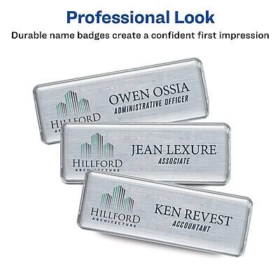 Professional Look  
Durable name badges create a confident first impression  

HILLFORD  
OWEN OSSIA  
ADMINISTRATIVE OFFICER  

HILLFORD  
JEAN LEXURE  
ASSOCIATE ARCHITECTURE  

HILLFORD  
KEN REVEST  
ACCOUNTANT