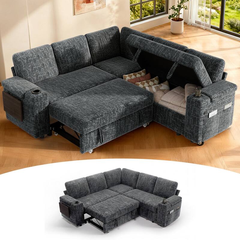 Angle. Dyonery - 85" Modular Sectional Sofa with Pull Out Bed,Chenille Fabric 5 Seat Sectional Sofa with Storage,for Living Room - Dark Dray.