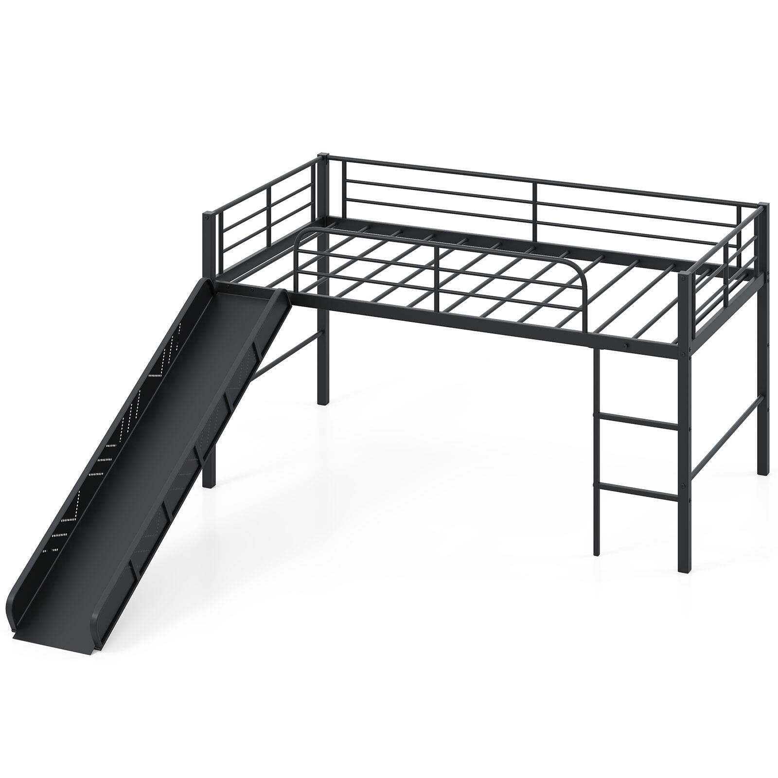 Alt View 1. Gymax - Gymax Twin Metal Loft Bed with Slide Guardrails Built-in Ladder Low Bed Frame Black - Black.