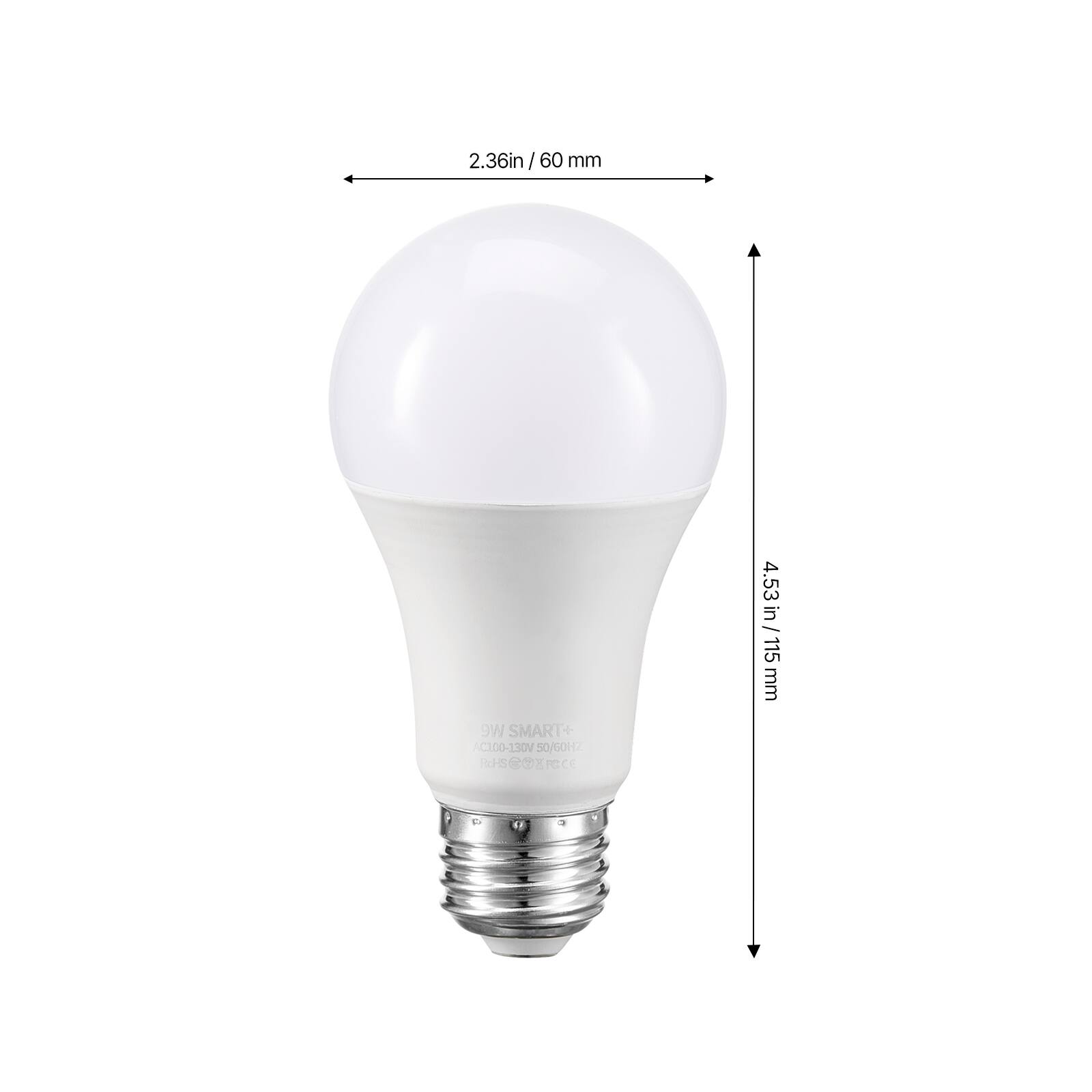 2.36 in/60 mm, 4.53 in/115 mm, 9W SMART+ AC100-130V 50/60Hz, E26, CE