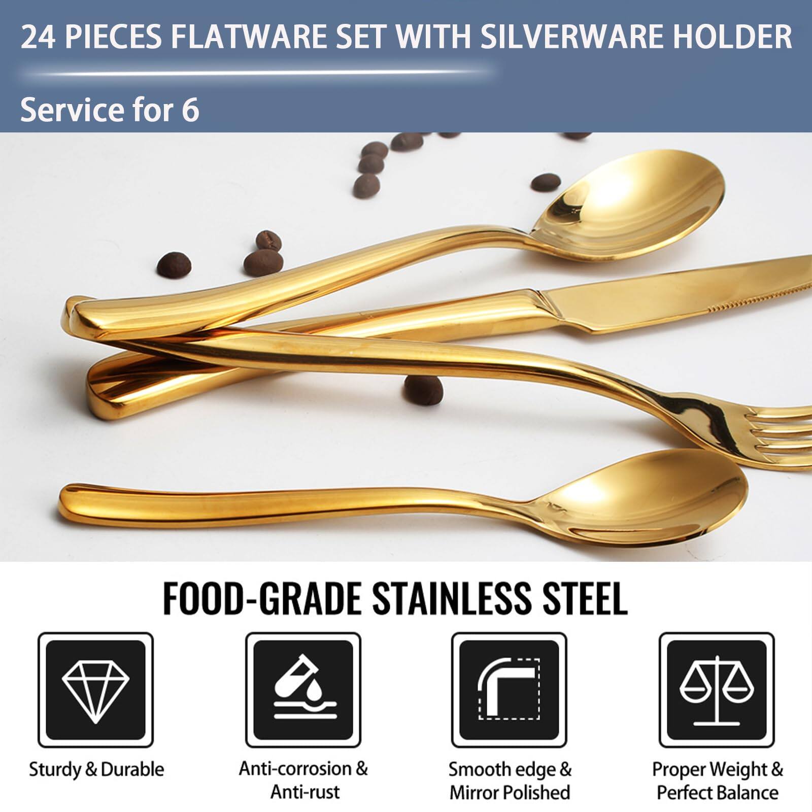 24 PIECES FLATWARE SET WITH SILVERWARE HOLDER  
Service for 6  

FOOD-GRADE STAINLESS STEEL  
- Sturdy & Durable  
- Anti-corrosion & Anti-rust  
- Smooth edge & Mirror Polished  
- Proper Weight & Perfect Balance