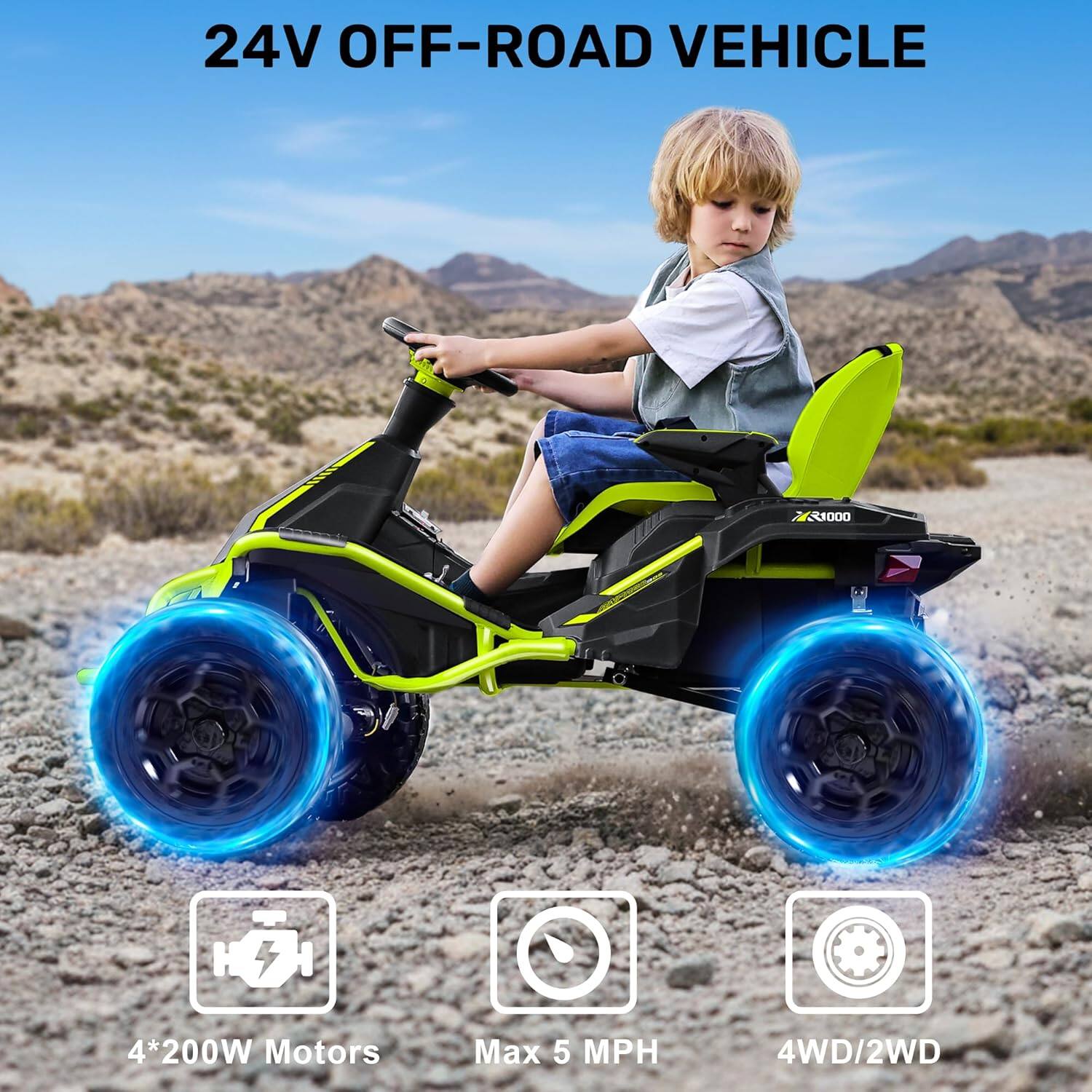 24V OFF-ROAD VEHICLE  
R1000  
4*200W Motors  
Max 5 MPH  
4WD/2WD