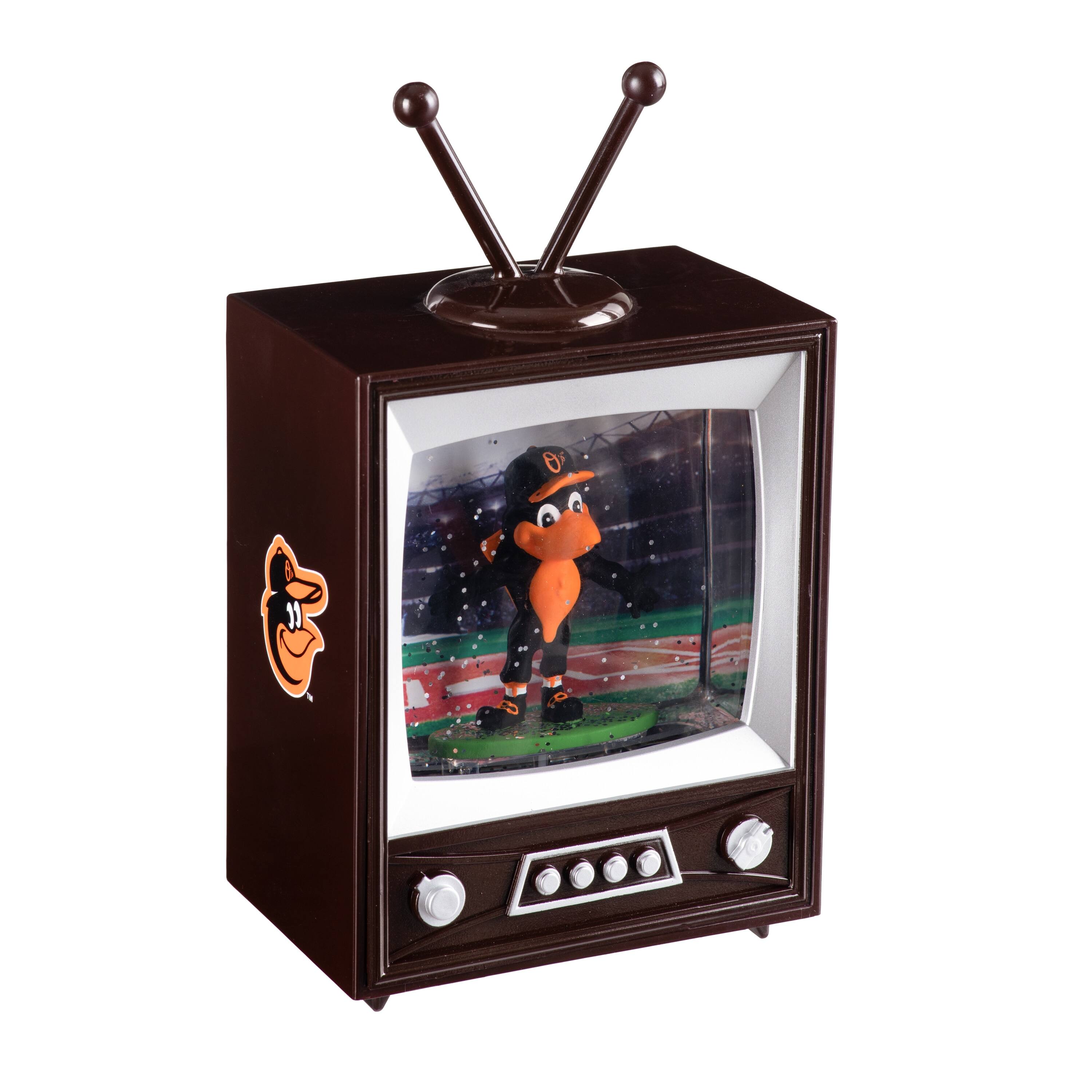 Front. Evergreen Enterprises - Baltimore Orioles 8" Vintage TV Water Globe Lantern with Mascot - Brown.
