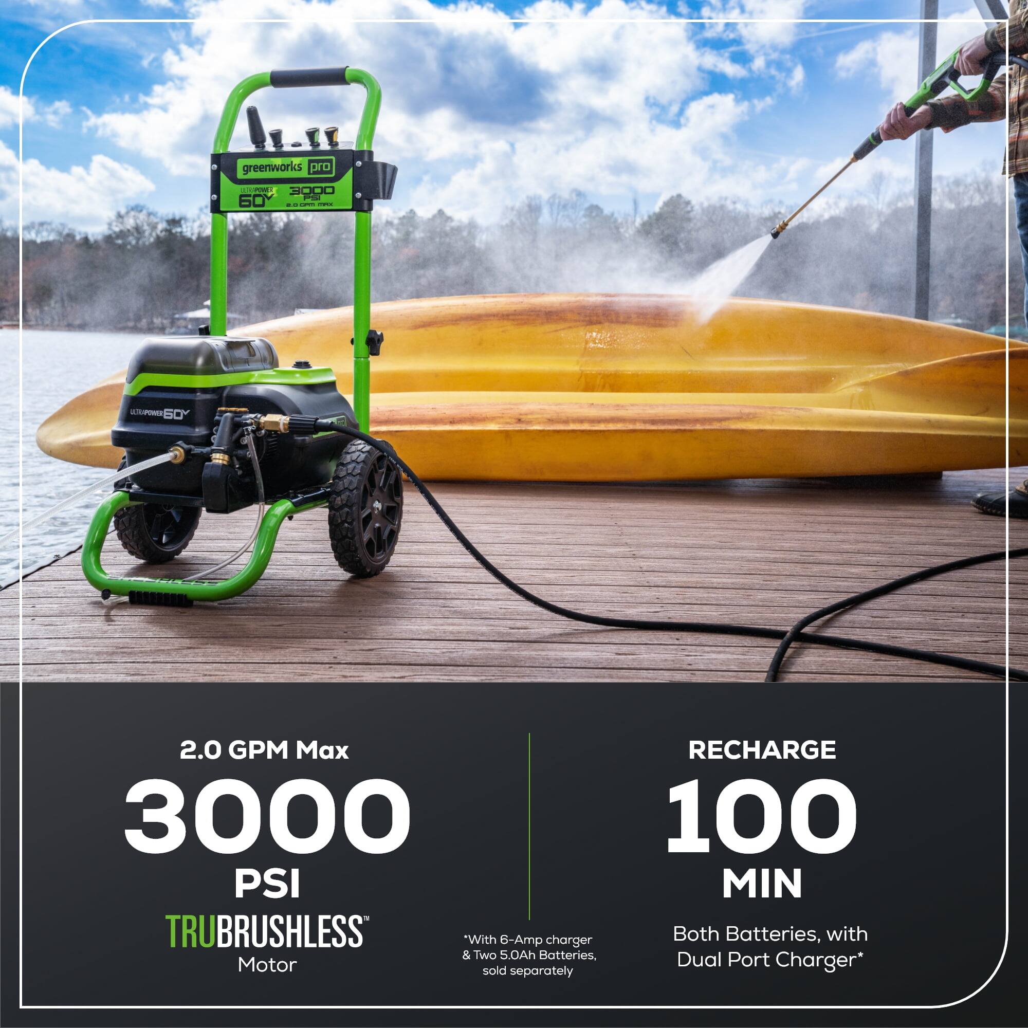 - **Greenworks Pro 60V 3000 PSI**
- **2.0 GPM Max**
- **3000 PSI**
- **TRUBRUSHLESS Motor**
- **RECHARGE 100 MIN**
- **With 6-Amp charger**
- **Both Batteries, with Two 5.0Ah Batteries, Dual Port Charger* sold separately**