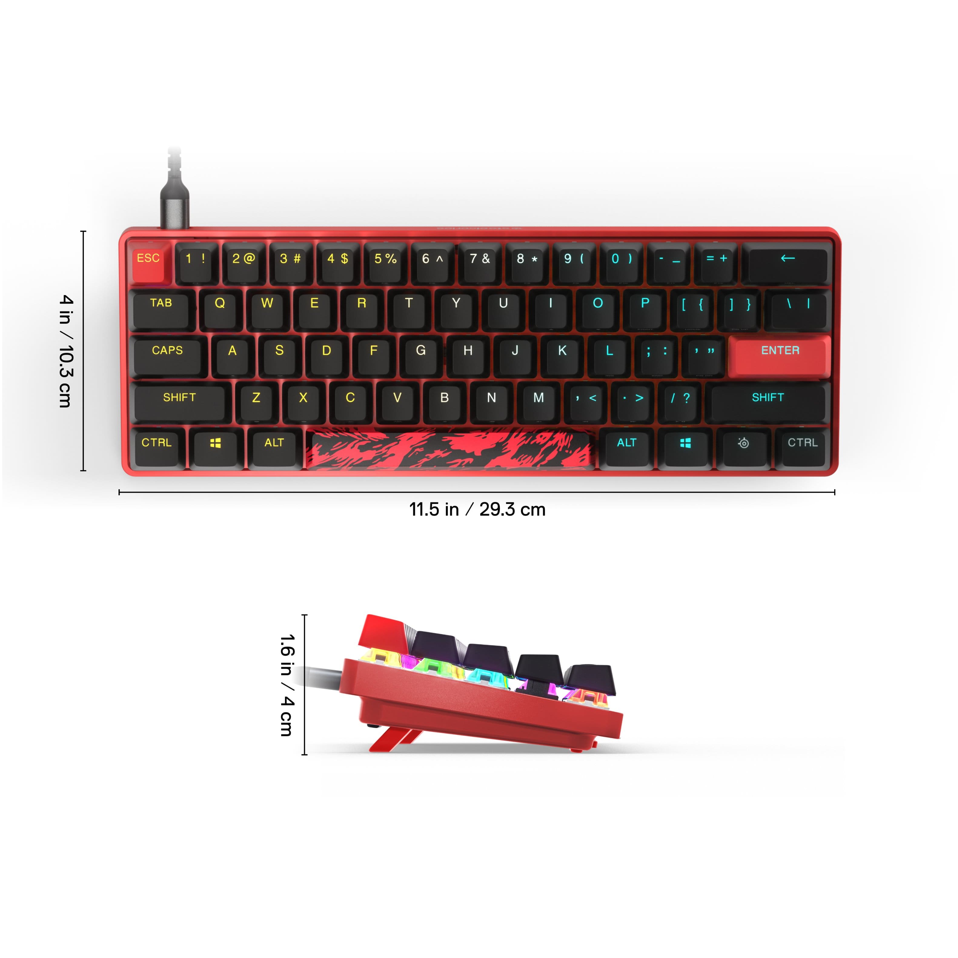 The image features a red keyboard with a black base and a red stand. The keyboard is 11.5 inches long and 1.6 cm wide. The keys on the keyboard include ESC, TAB, CAPS LOCK, SHIFT, 2G, 3, Q, W, A, S, Z, X, D, F, G, V, B, Y, U, H, J, B, N, M, I, O, L, and P. The keyboard also has a red stand that is 4 inches long and 4 inches wide.