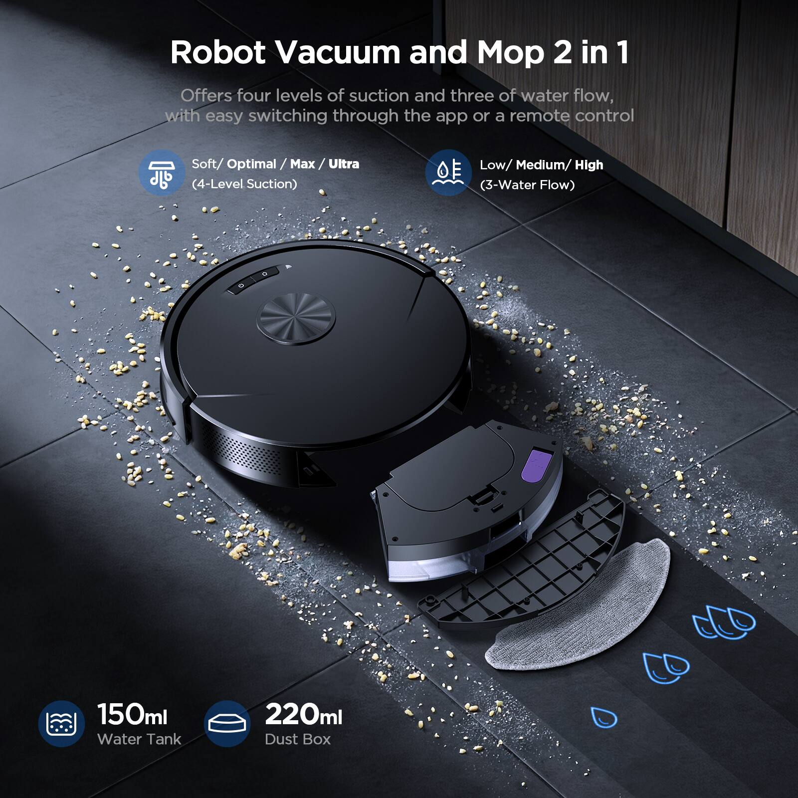 Robot Vacuum and Mop 2 in 1

Offers four levels of suction and three of water flow, with easy switching through the app or a remote control

Soft / Optimal / Max / Ultra (4-Level Suction)

Low / Medium / High (3-Water Flow)

150ml Water Tank

220ml Dust Box