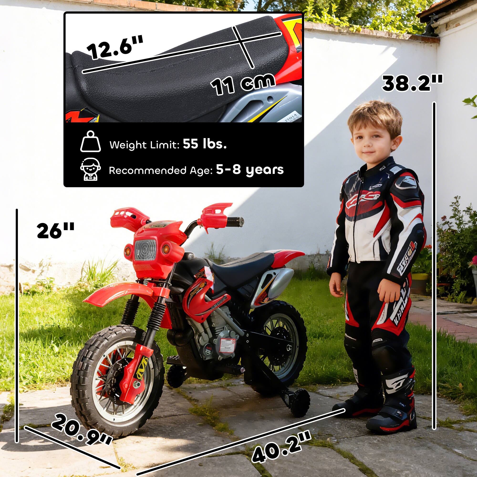 12.6" 11 cm  
Weight Limit: 55 lbs.  
Recommended Age: 5-8 years  
26"  
20.9"  
38.2"  
40.2"