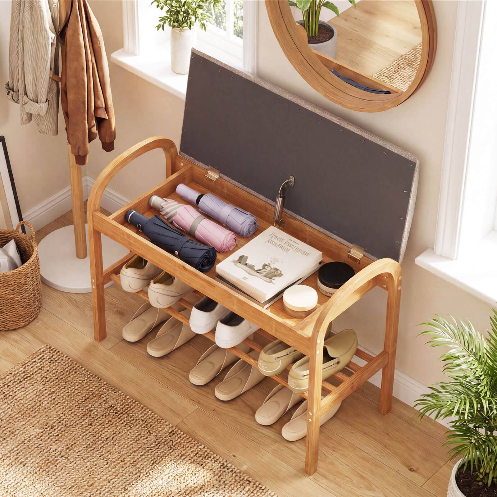Alt View 3. Costway - Costway Bamboo Entryway Shoe Bench 2-Tier Shoe Rack with Flip Top Storage for Hallway - Natural,Gray.