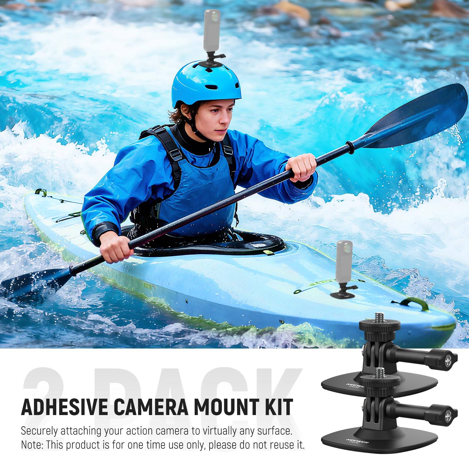 Securely attach your action camera to virtually any surface with the ADHESIVE CAMERA MOUNT KIT. Note: This product is for one-time use only, please do not reuse it.