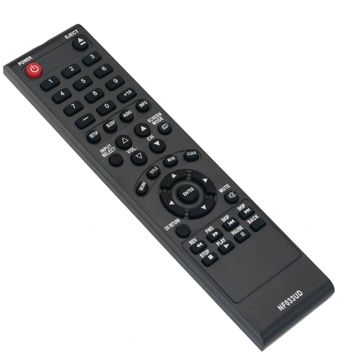 EJECT  
POWER  
1 3 2 6 5 9 4 8 +10 7 0  
INFO AUDIO SCREEN - MODE SLEEP D SETUP  
CH INPUT VOL. CLEAR  
MODE TITLE DECEN MUTE ENTER SKIP M RETURN SKIP  
K44 BACK CH FWD PAUSE II REV 44 PLAY STOP  
NF033UD