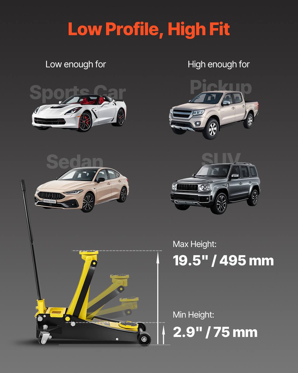 Low Profile, High Fit  
Low enough for Sports Car  
High enough for Pickup  

JA 12 2 Sedan SUV  

Max Height: 19.5" / 495 mm  
Min Height: 2.9" / 75 mm