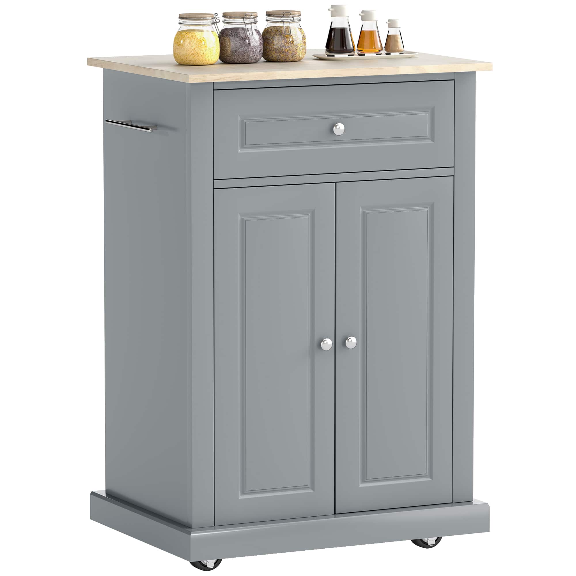 Homcom - Rolling Kitchen Island Cart, Portable Serving Trolley Table with Drawer, Adjustable Shelf and 2 Towel Racks - Gray