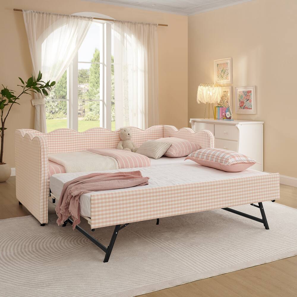 Angle. JUJABU - Pink Cozy Gingham Daybed with Twin Size Trundle No Box Spring Needed, with USB Port and Adorable Wave Shaped - Pink.