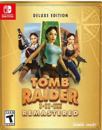 The text on the image reads: "Nintendo Switch. Deluxe Edition + Tomb Raider I II III Teen Remastered. Crystal Dynamics - Can't see the rating." - T (Teen 13+)