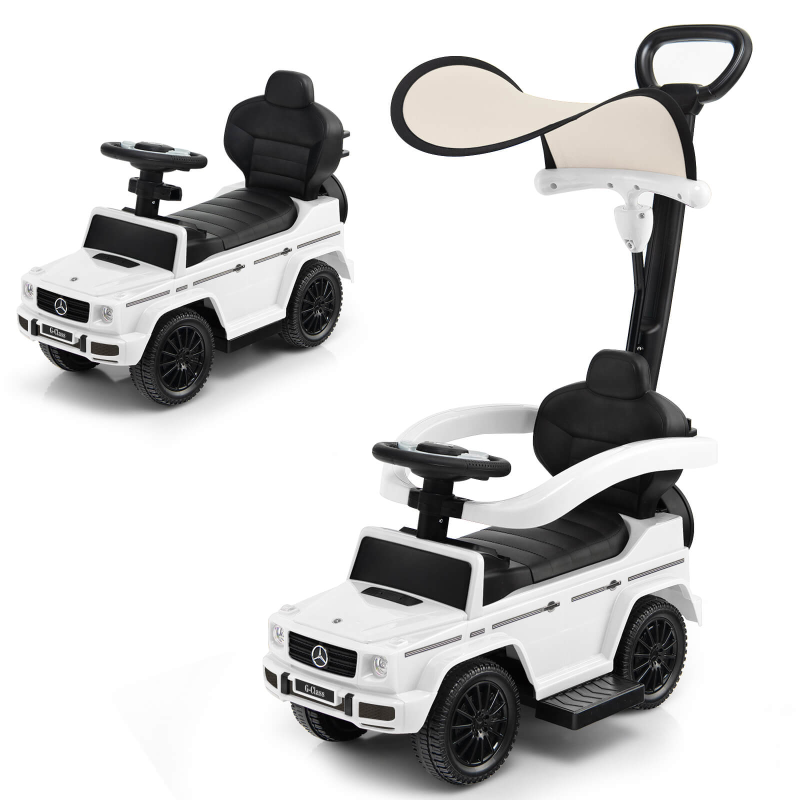 Costway - 3 in 1 Ride on Push Car Mercedes Benz G350 Stroller Sliding Car w/ Canopy - White